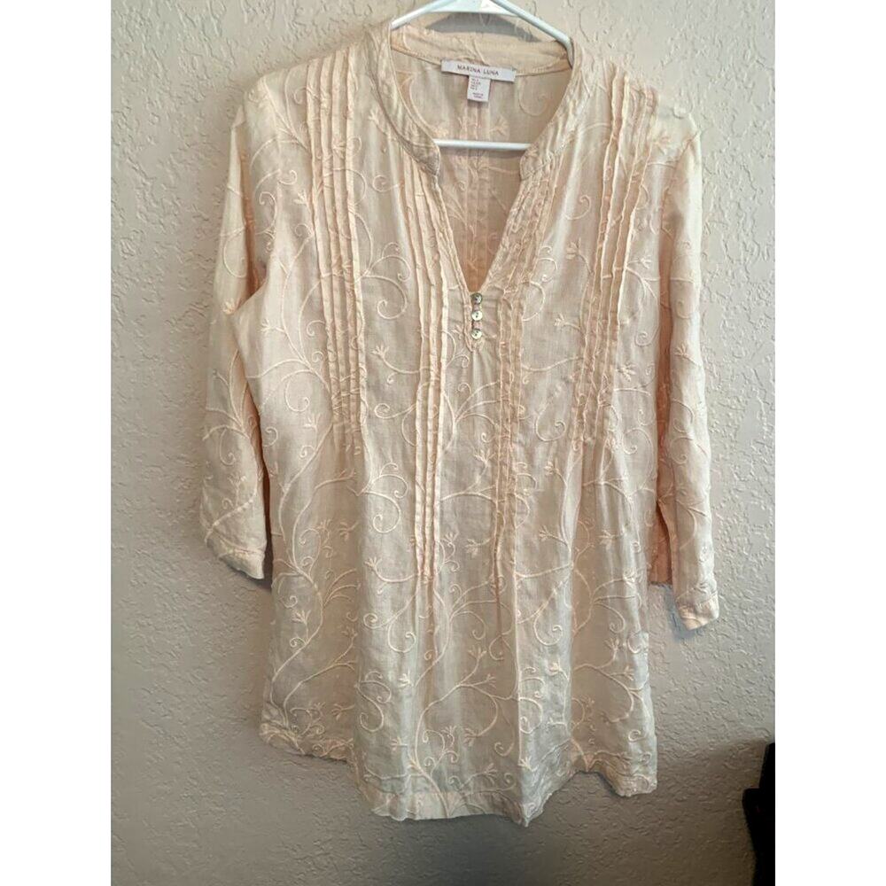 Marina Luna Size S Linen Embroidered Blush Pintucks Tab Sleeves Tunic Top